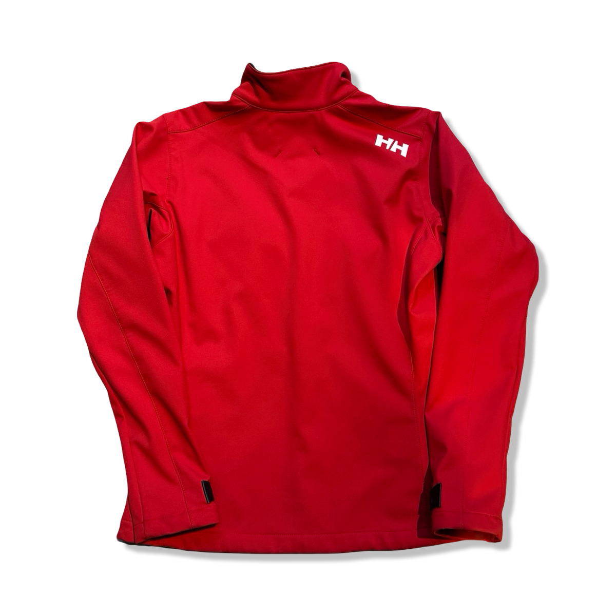Back of a red women's softshell jacket from Helly Hansen with a white logo, photographed against a white background.