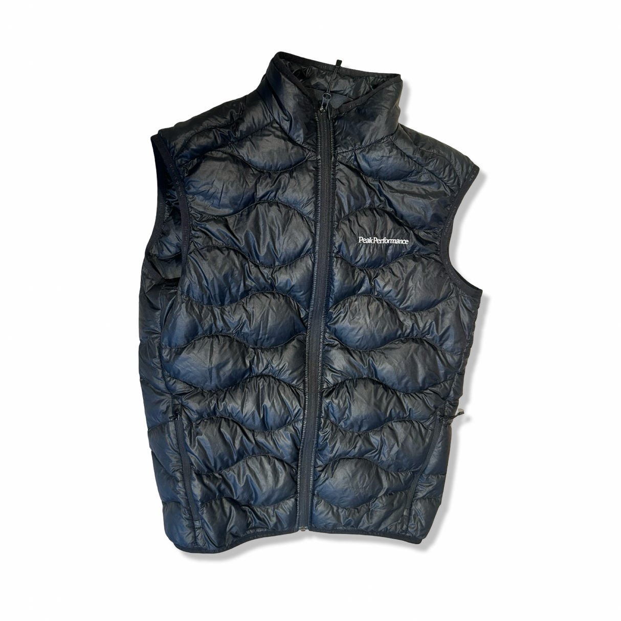 Black men's down vest from Peak Performance, photographed from the front against a white background.