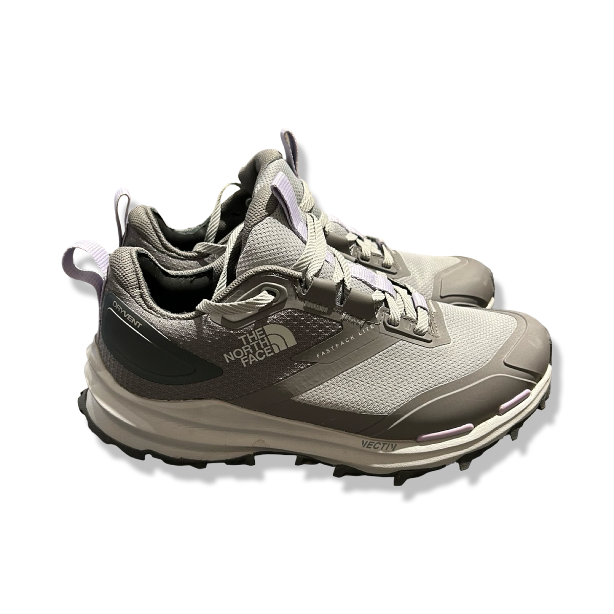 Grey The North Face women's running shoes, side view against a white background.