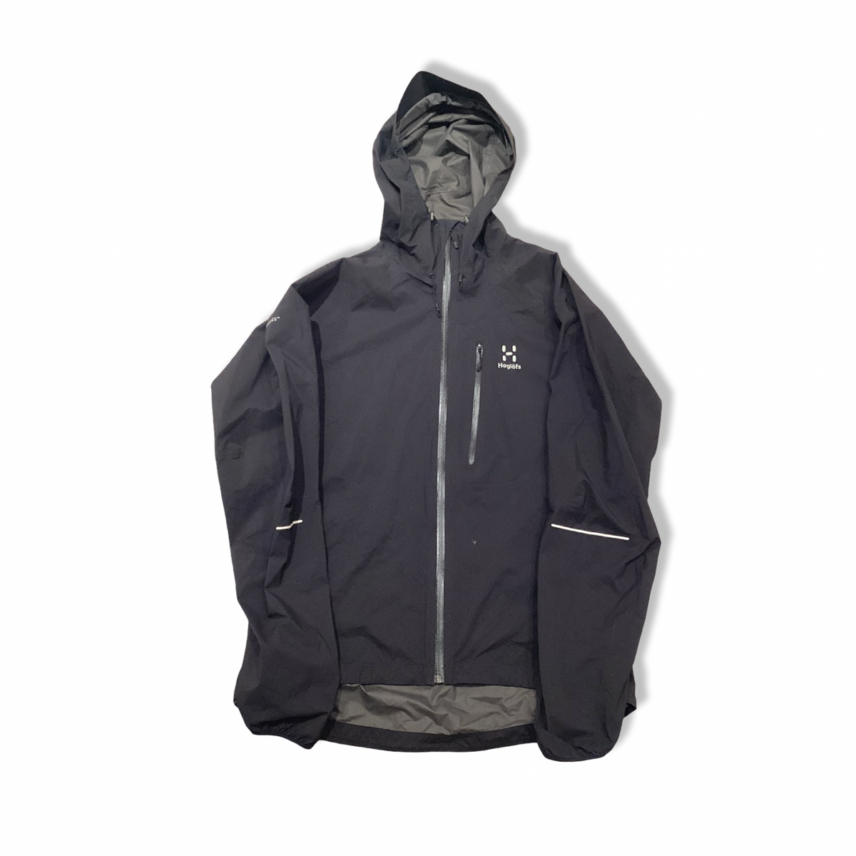 Black Haglöfs L.I.M III hooded men's shell jacket, front view against a white background.