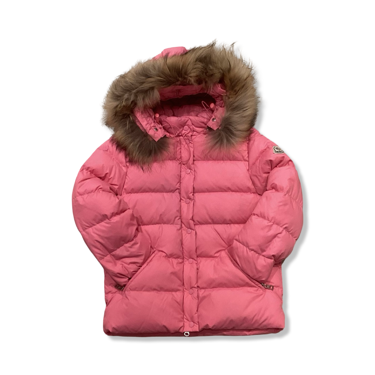 Pink Moncler children's down jacket with a fur-trimmed hood, front view against a white background.