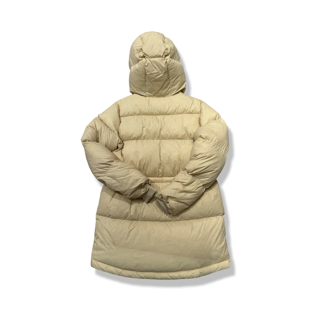 Back view of a yellow Peak Performance women's hooded down jacket against a white background.