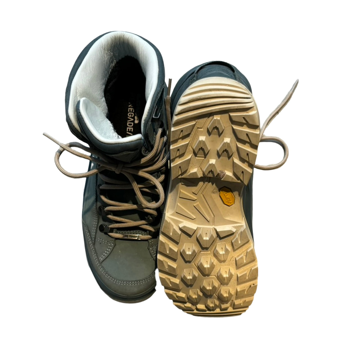 Women's blue Lowa Renegade 100GTX Mid hiking boots, featuring a front view of one boot and the textured sole of the other.