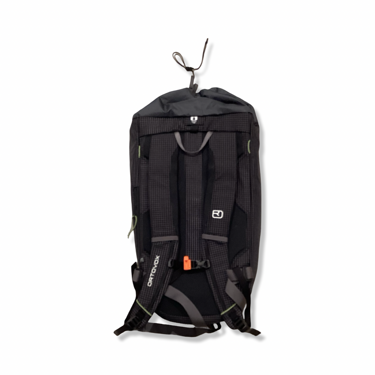 Back view of a black Ortovox Trad Zero 24 climbing backpack with shoulder straps against a white background.