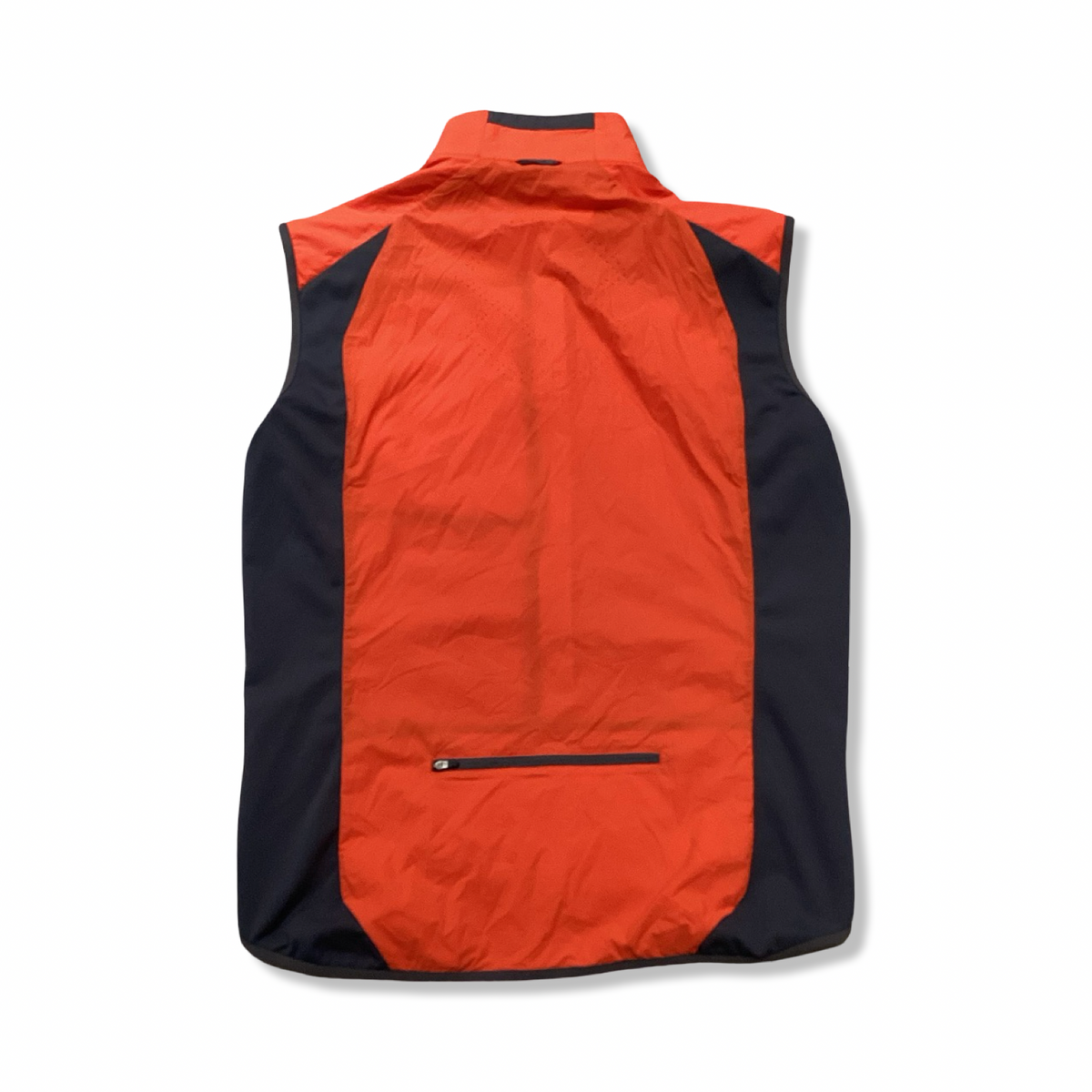 Back view of an orange Stellar Equipment men's vest with black panels and a zipped pocket against a white background.