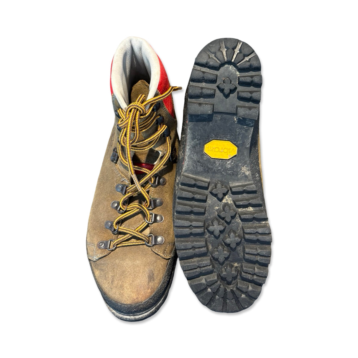 Women's Hanwag Ditto hiking boots in brown and red, displaying the top view and rugged Vibram outsole.
