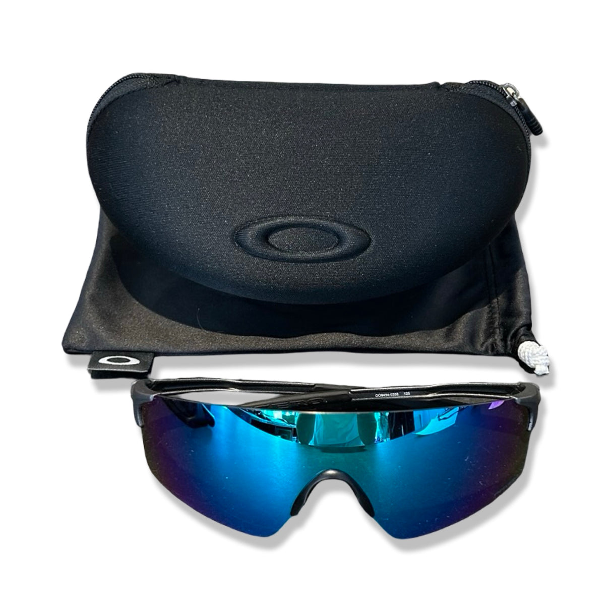 Oakley Evzero Blades solglasögon för dam med blå PRIZM Sapphire-lins, svart fodral och påse.