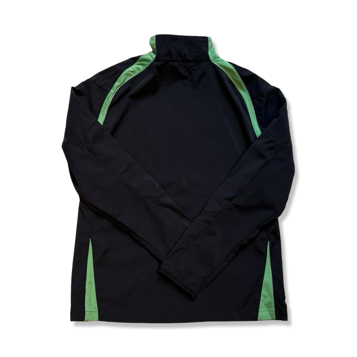 Black and green Peak Performance men's softshell jacket, back view against a white background.