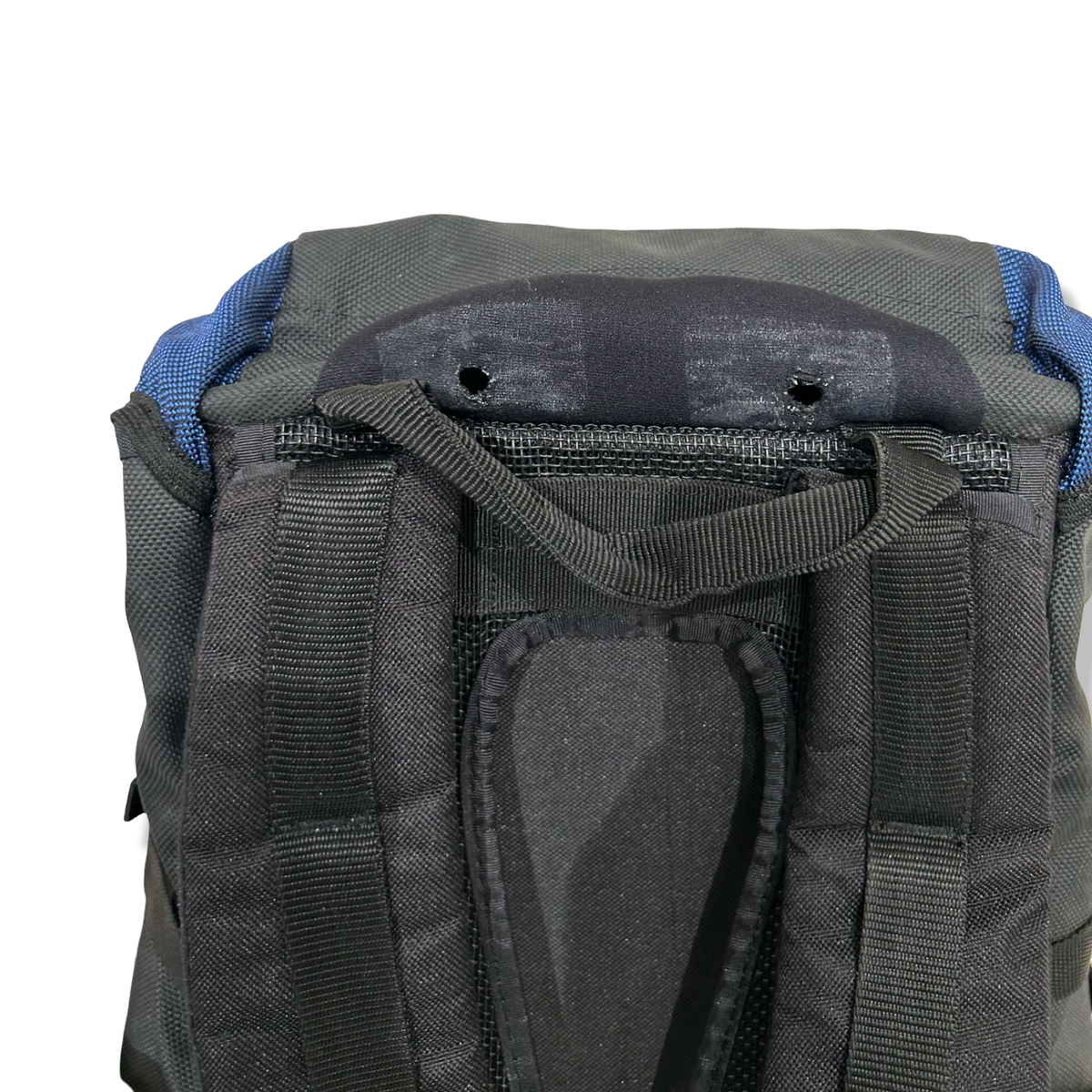 Close-up of the back panel and shoulder straps of the blue and black Blackburn HydraPak backpack, photographed against a white background.