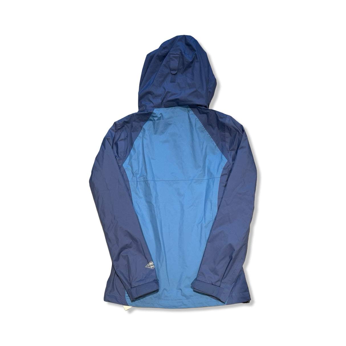 Two-tone blue Columbia women's hooded windbreaker jacket, back view against a white background.