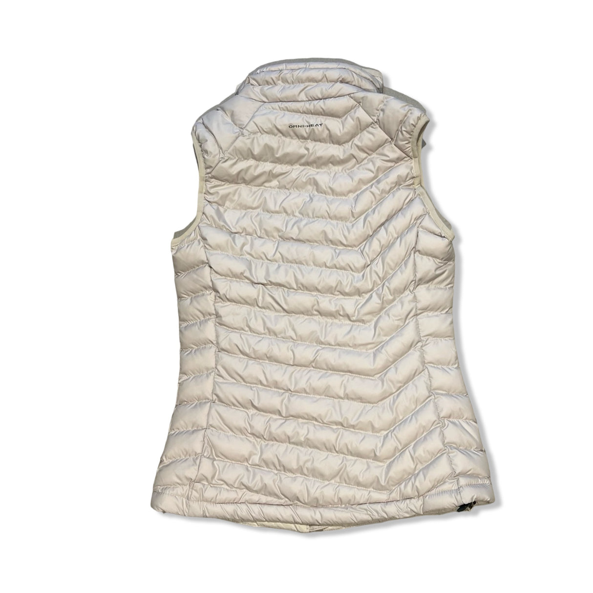 Beige Columbia Omni-Heat women's down vest, back view with horizontal quilted pattern against a white background.