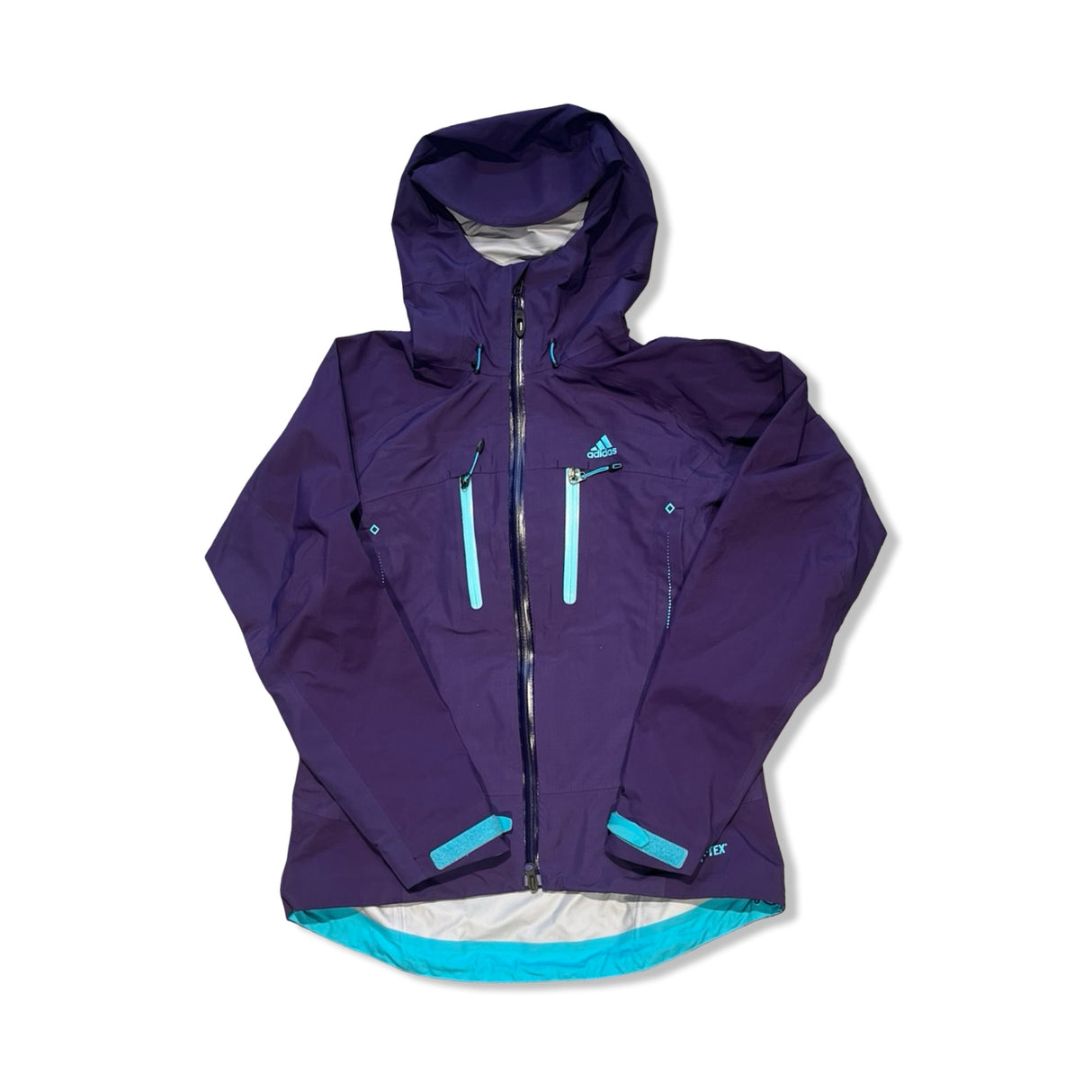Purple Adidas women's hooded shell jacket with turquoise accents, front view against a white background.