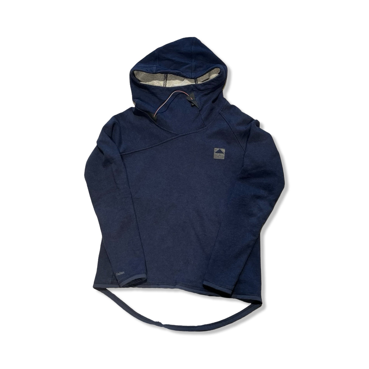 Dark blue Klättermusen women's hoodie with a high collar and hood, front view against a white background.