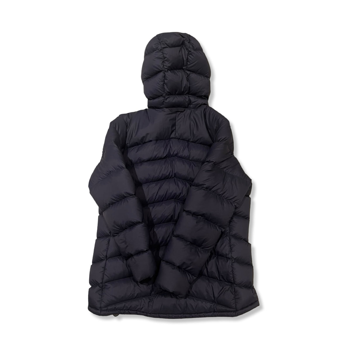Back view of a dark blue Lundhags Fulu Down Hooded women's down jacket against a white background.