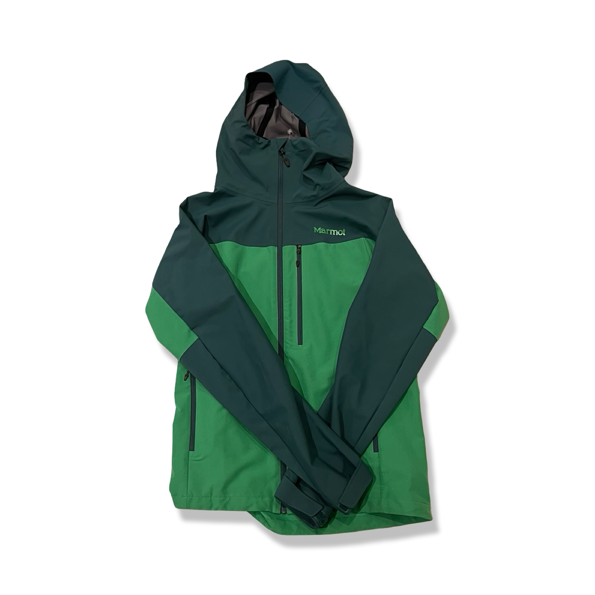 Green Marmot hooded softshell jacket in size S, front view against a white background.