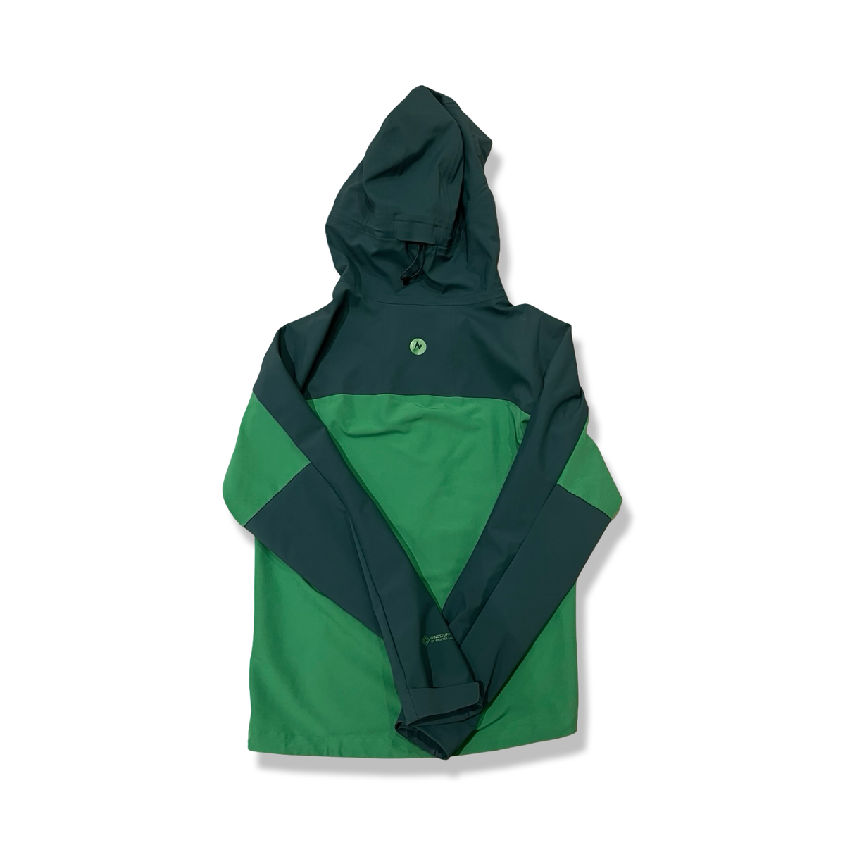 Back view of a green Marmot Rom GTX Infinium hooded softshell jacket against a white background.