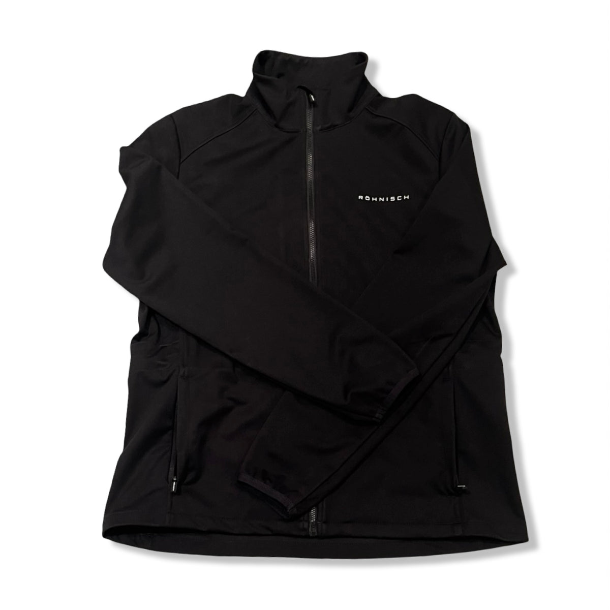 Black Röhnisch women's softshell jacket with zipper, front view against a white background.