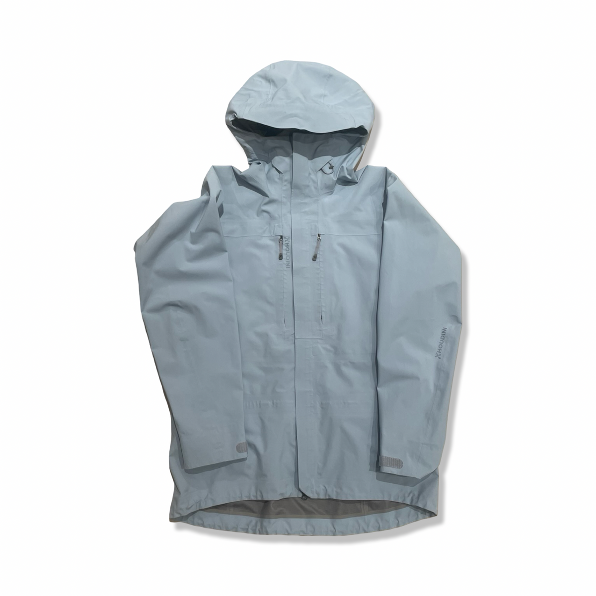 Light blue Houdini women's hooded shell jacket, front view against a white background.