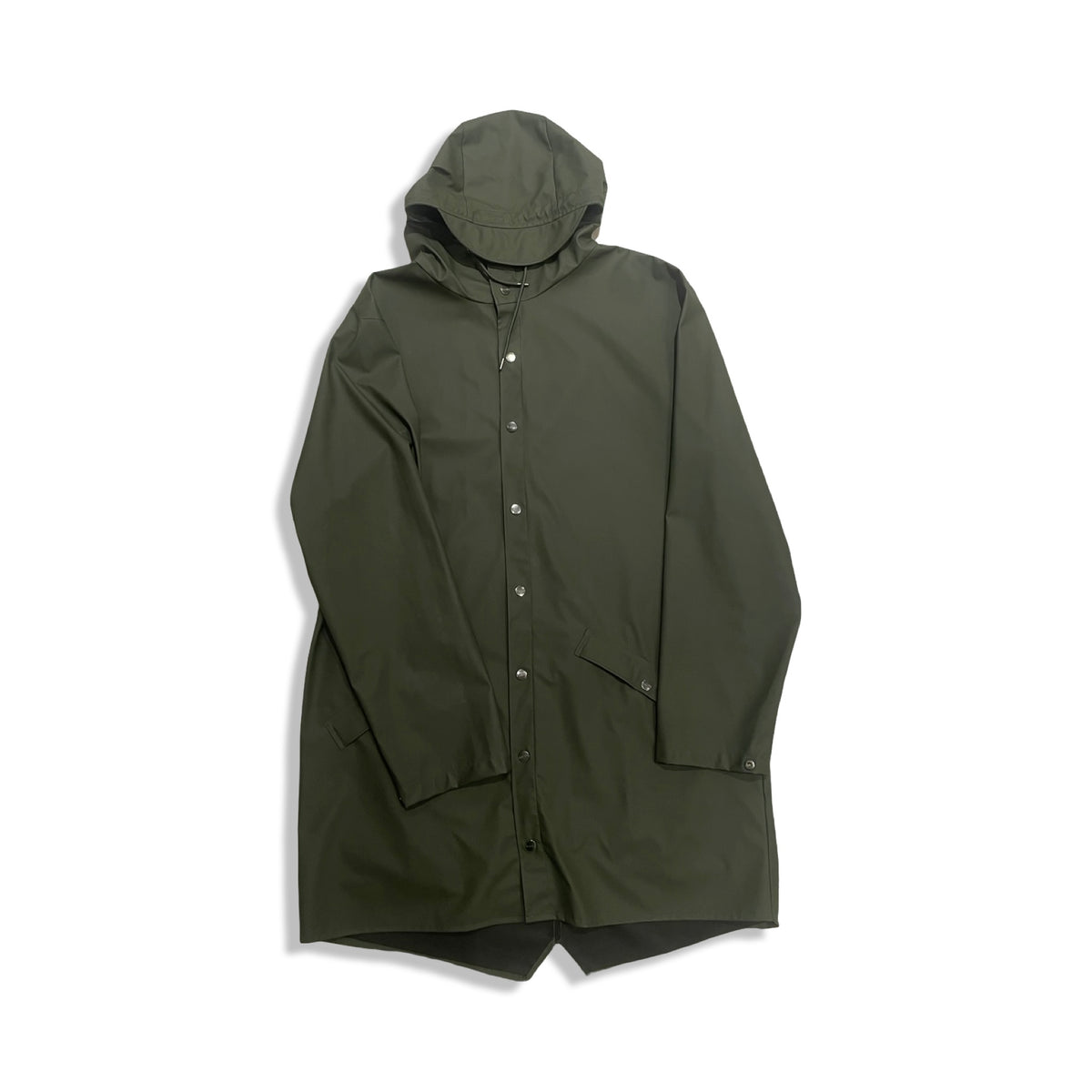 Green Rains men's hooded raincoat, front view against a white background.
