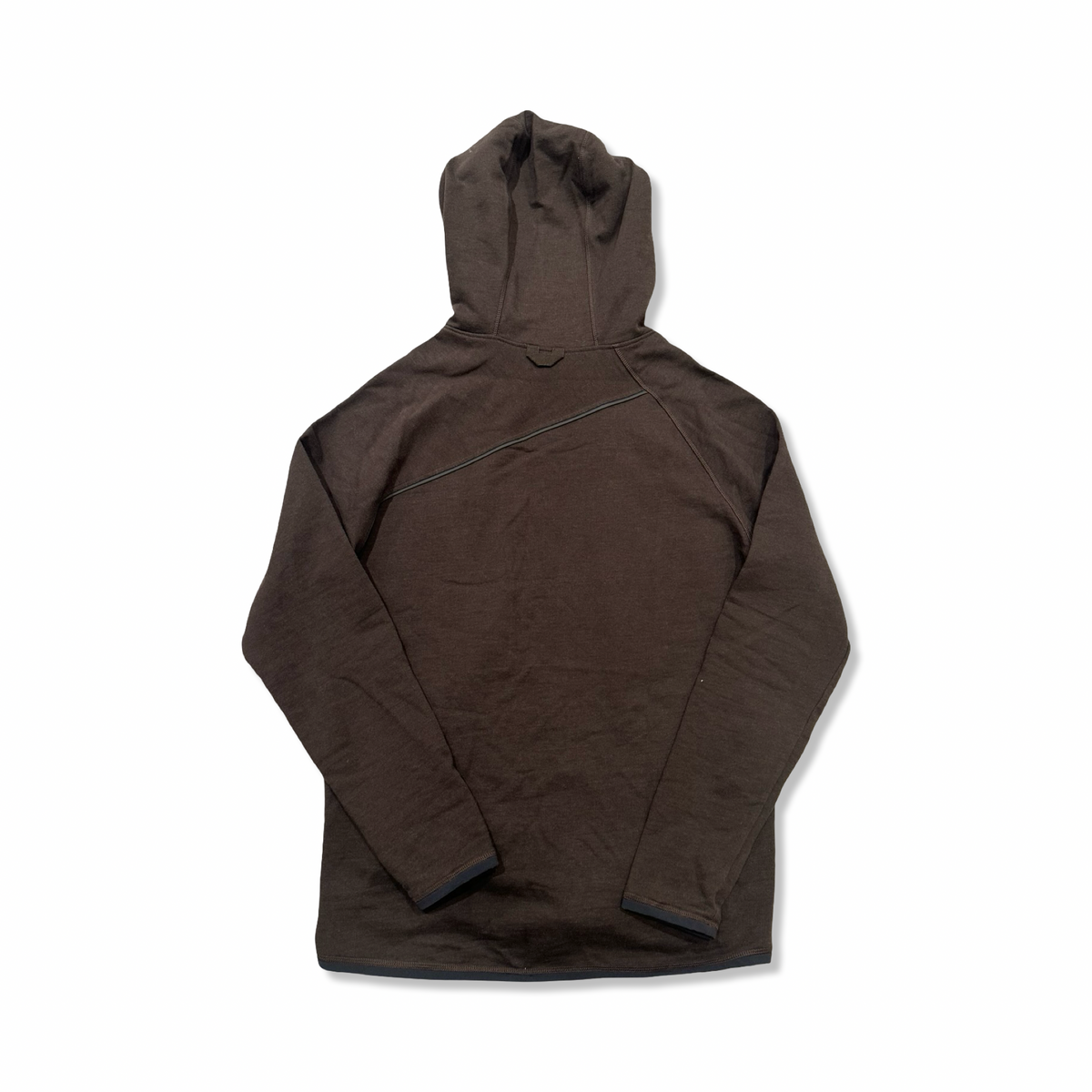Back view of a brown Klättermusen men's hoodie against a white background.