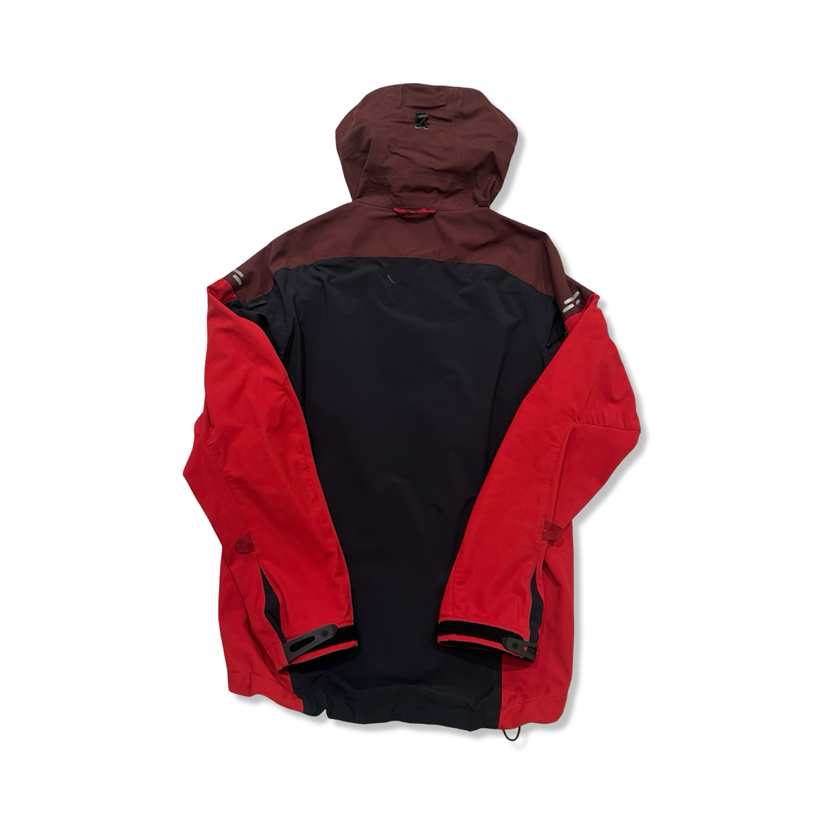 Back view of a red Lundhags Skomakarna AB men's hooded windstopper jacket against a white background.