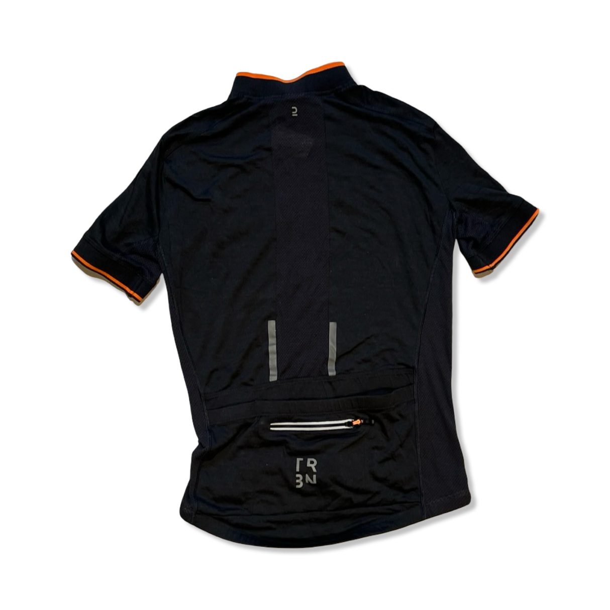 Women's black Triban cycling jersey with orange details, back view showing rear pockets on a white background.