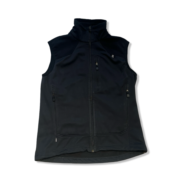 Women's black Haglöfs fleece vest with zipper and pockets, front view against a white background.
