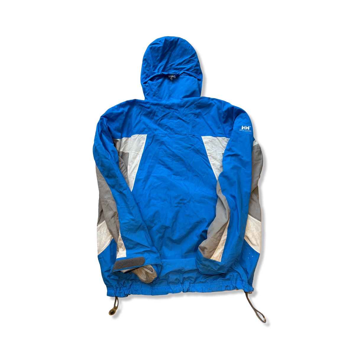Men's blue Helly Hansen Helly Tech performance jacket with white and gray details, back view on white background.