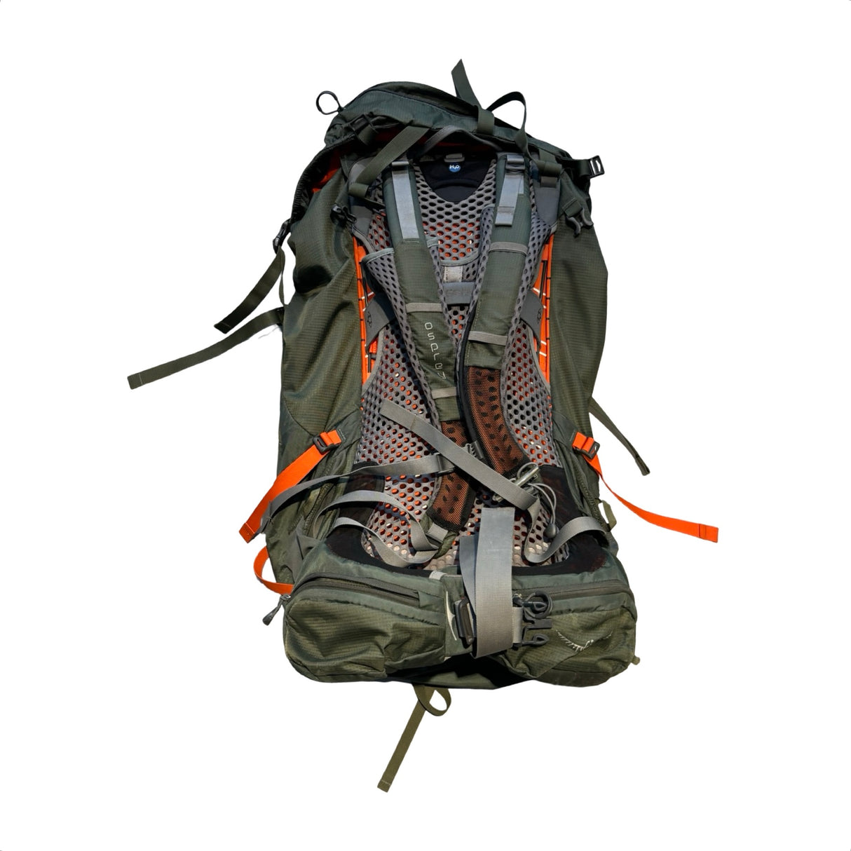 Grön Osprey Atmos 65 L AG ryggsäck med orangea detaljer och ventilerat bärsystem, sedd bakifrån mot en vit bakgrund.