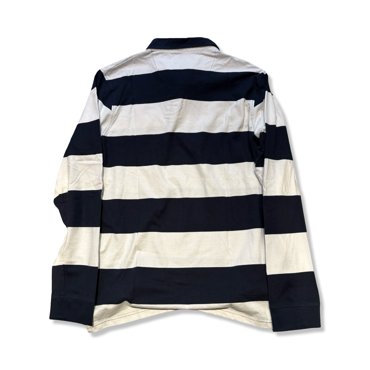Blue and white striped Eagle Creek Sebago men's rugger shirt, back view against a white background.