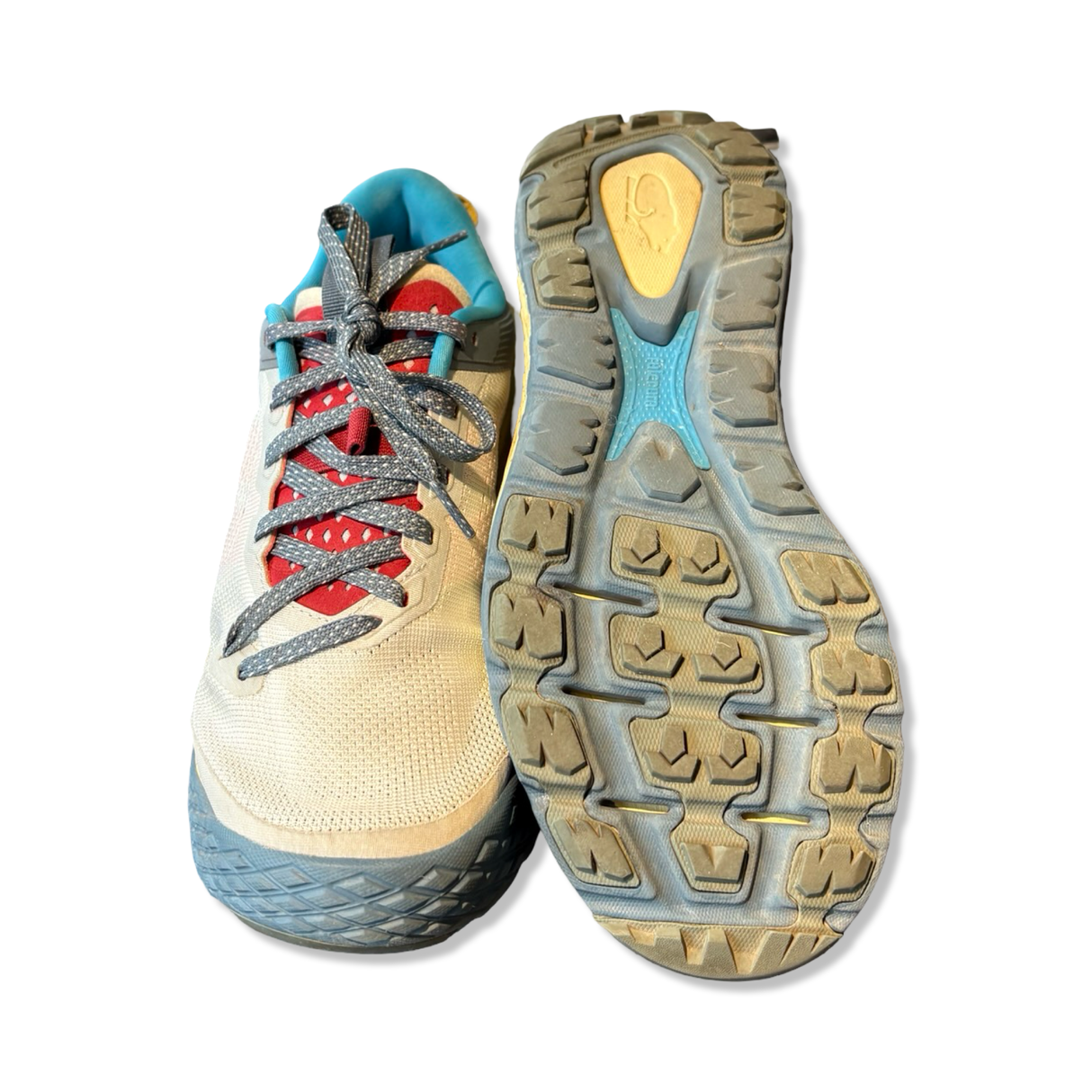 Women's Karhu Ikoni Trail hiking shoes in white and blue mesh, showing a front view and the textured outsole.