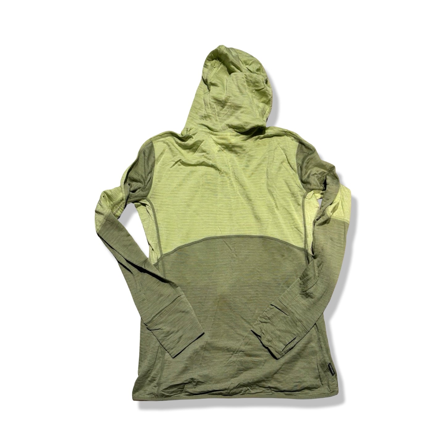 Baksidan av Icebreaker Full underställströja för dam i ljusgult och grönt, fotograferad platt mot en vit bakgrund.