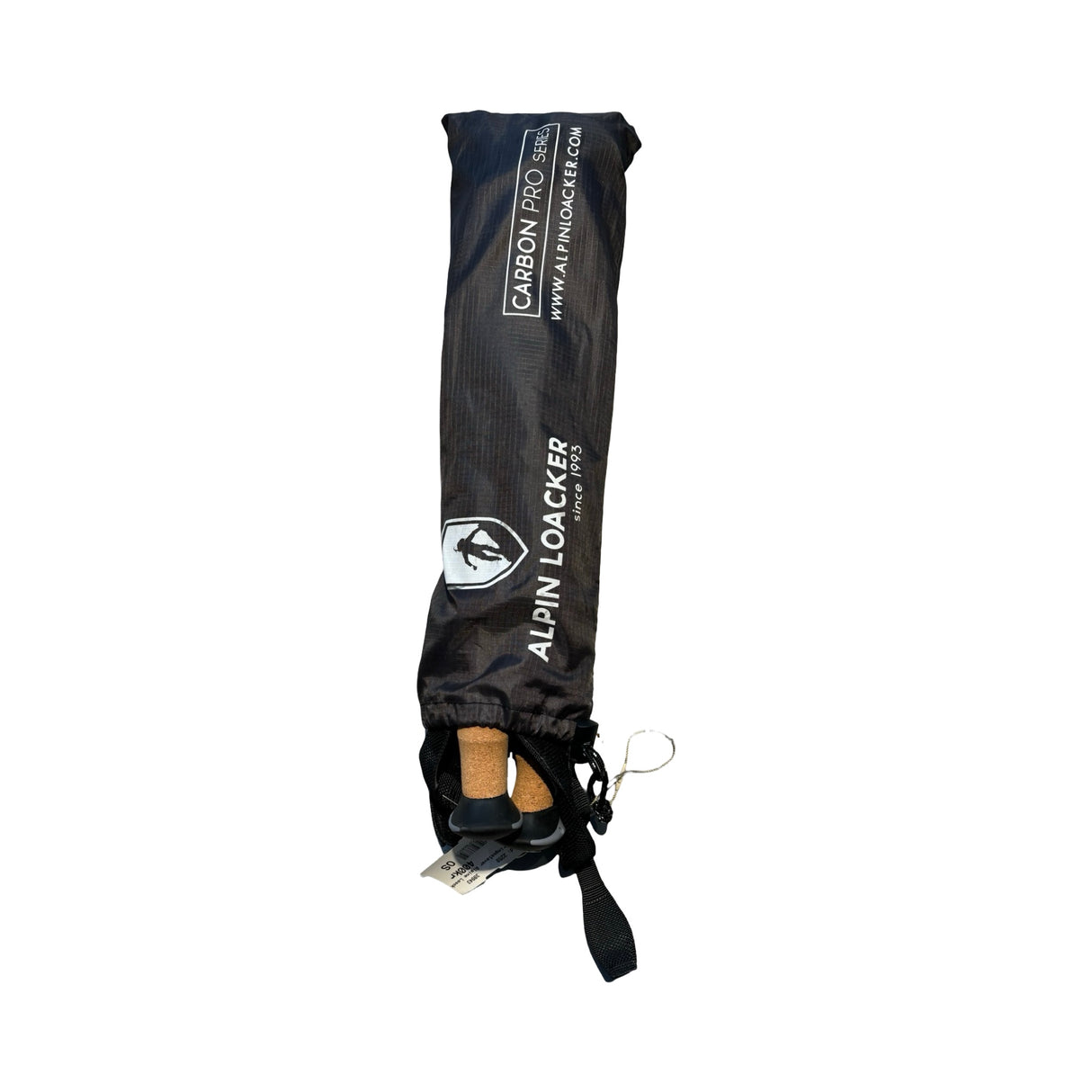 Svart förvaringspåse för Alpine Loacker Carbon Pro vandringsstavar med synliga korkhandtag mot vit bakgrund.