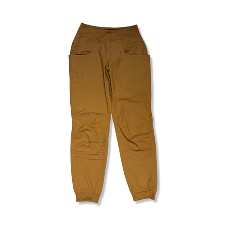 Mustard yellow Prana Kanab women's functional pants in size XS, front view against a white background.