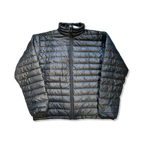 Black Patagonia Down Sweater men's zip jacket, front view against a white background.