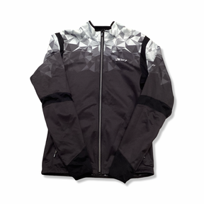 Black and white KV+ men's training jacket with a geometric pattern and zipper, front view against a white background.