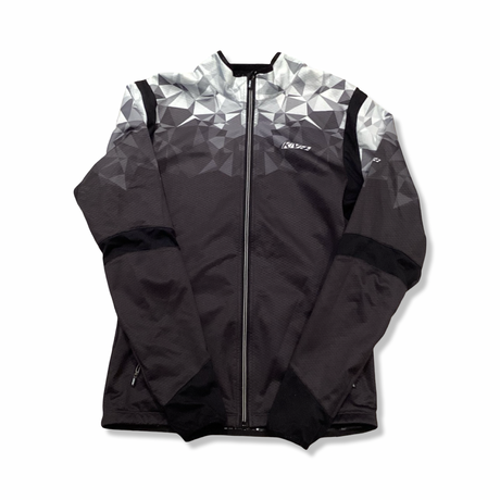 Black and white KV+ men's training jacket with a geometric pattern and zipper, front view against a white background.