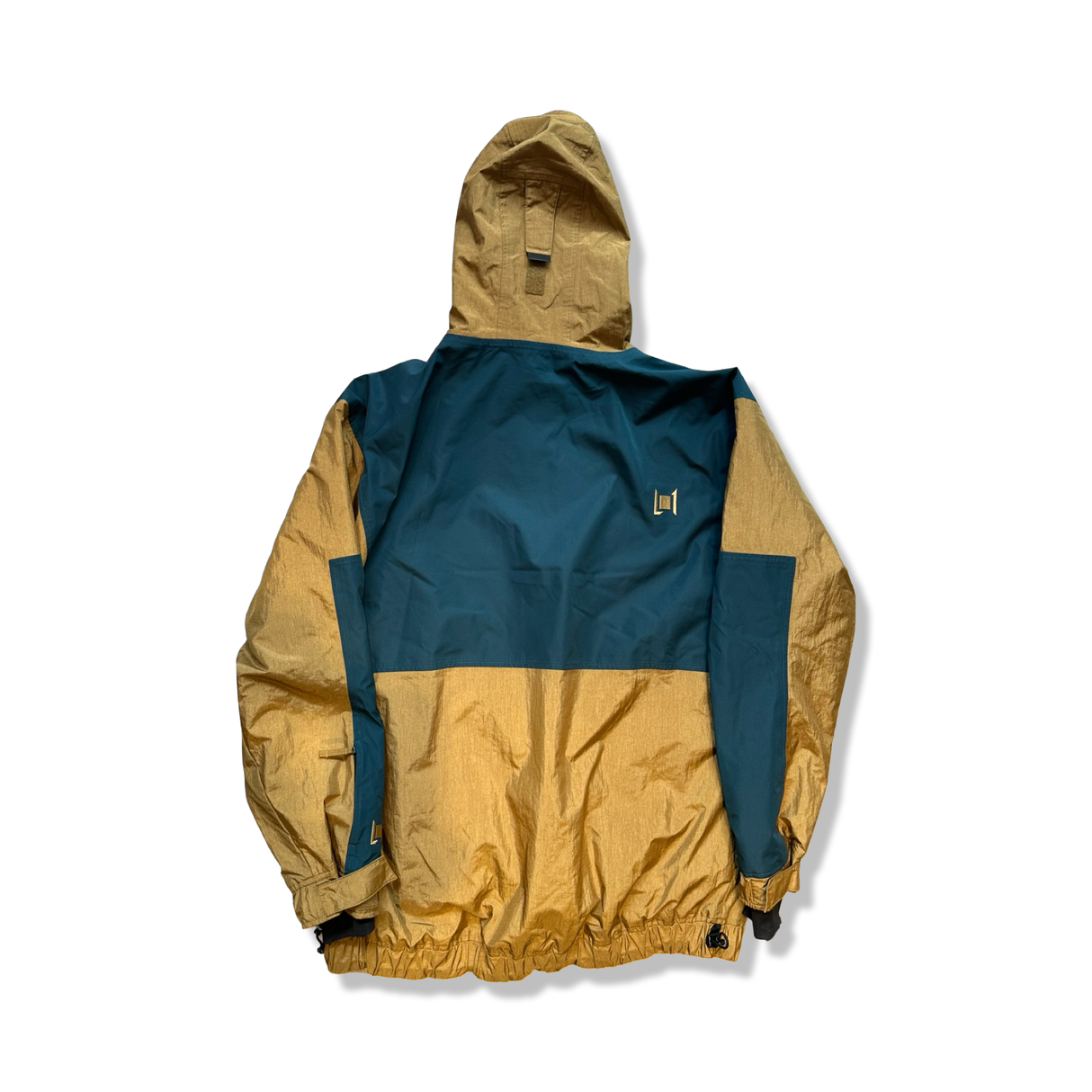 Back of a yellow and green men's ski jacket in size L, photographed against a white background.