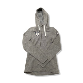 Grå fleecehoodie Bergans 1919 kollenwool lady jumper för dam med huva, fotograferad framifrån mot vit bakgrund.