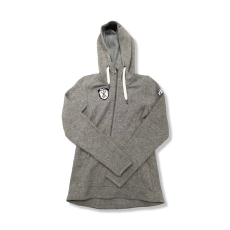 Grå fleecehoodie Bergans 1919 kollenwool lady jumper för dam med huva, fotograferad framifrån mot vit bakgrund.