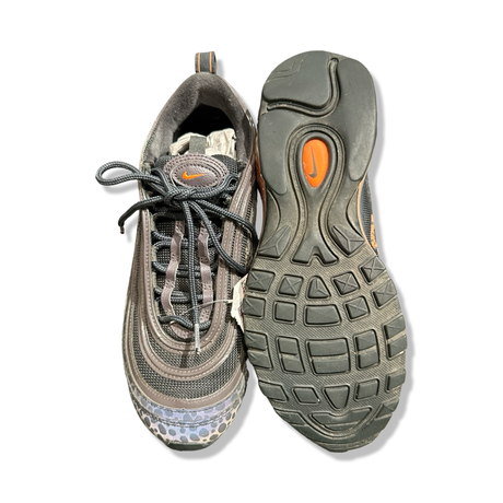 Grey Nike Air Max 97 Reflective women's running shoes shown from above and below against a white background.