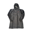 Black Fjällräven women's hooded down parka, front view against a white background.