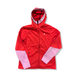 Red and pink Peak Performance women's fleece hoodie with zip, front view against a white background.