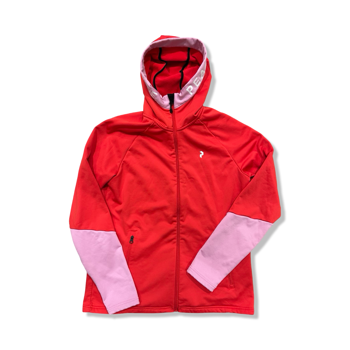 Red and pink Peak Performance women's fleece hoodie with zip, front view against a white background.