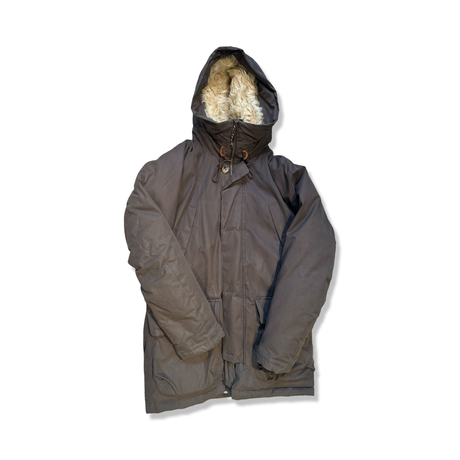 Brown Peak Performance men's down jacket with a hood, front view against a white background.