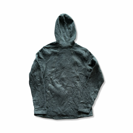 Green The North Face women's fleece cardigan with a hood, rear view against a white background.