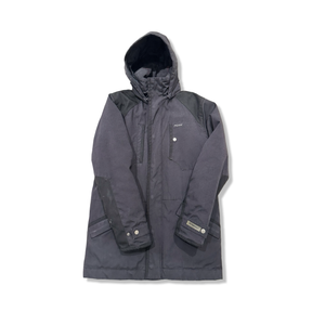 Black Peak Performance men's hooded down jacket, front view against a white background.