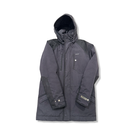 Black Peak Performance men's hooded down jacket, front view against a white background.
