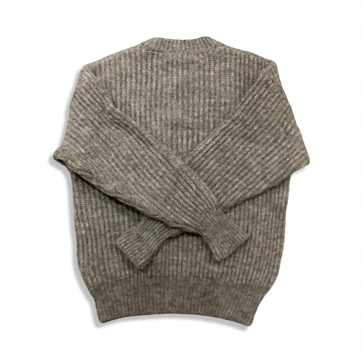 Back view of a grey knitted men's sweater in a ribbed design against a white background.