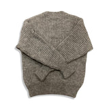 Back view of a grey knitted men's sweater in a ribbed design against a white background.
